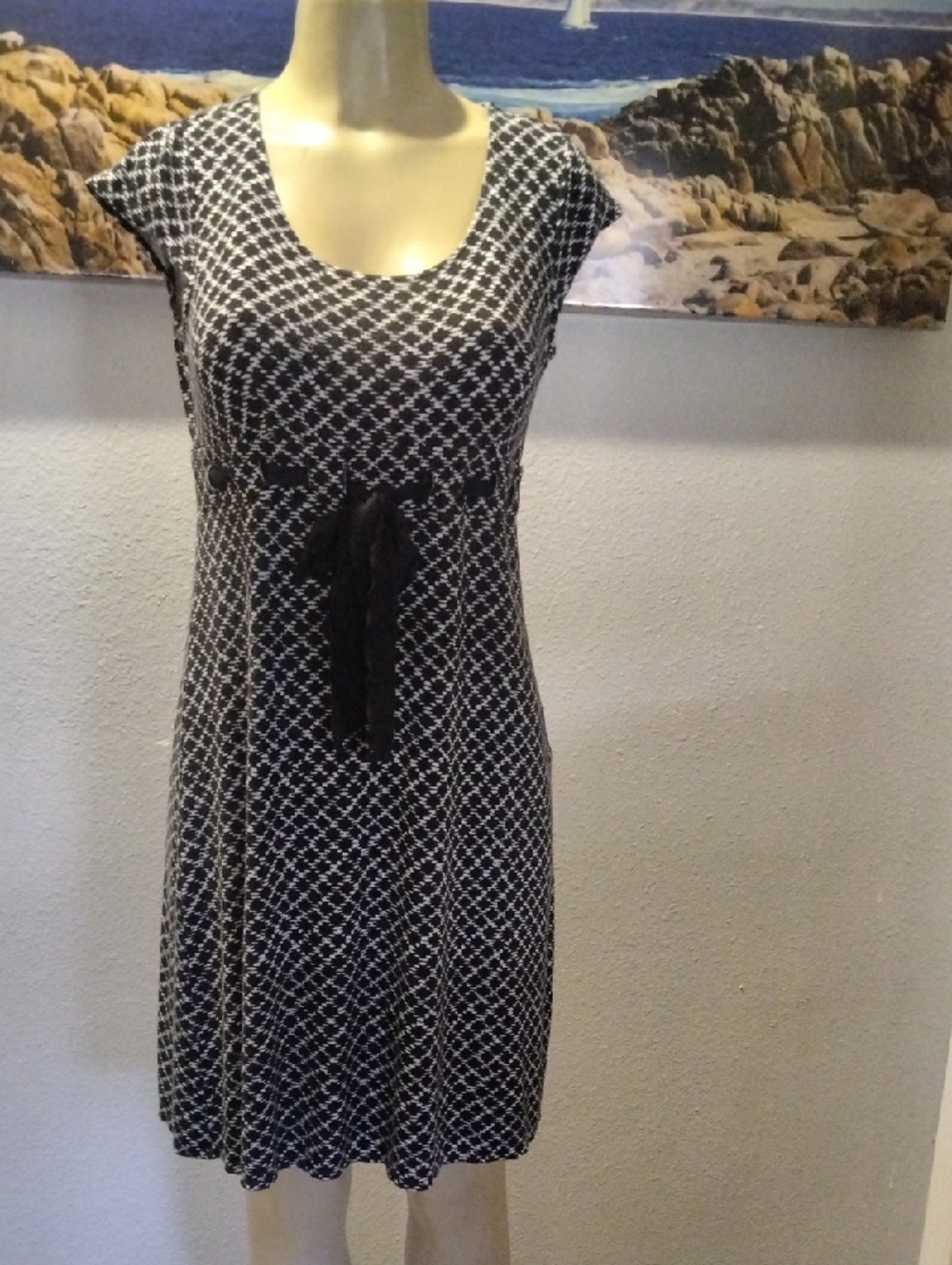 LOFT Black and White Geo-Print Midi Dress with Tie Waist